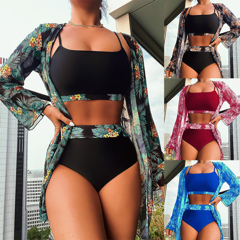 Maple Leaf Conservative Printed Long Sleeve Stitching Three-piece Split Swimsuit