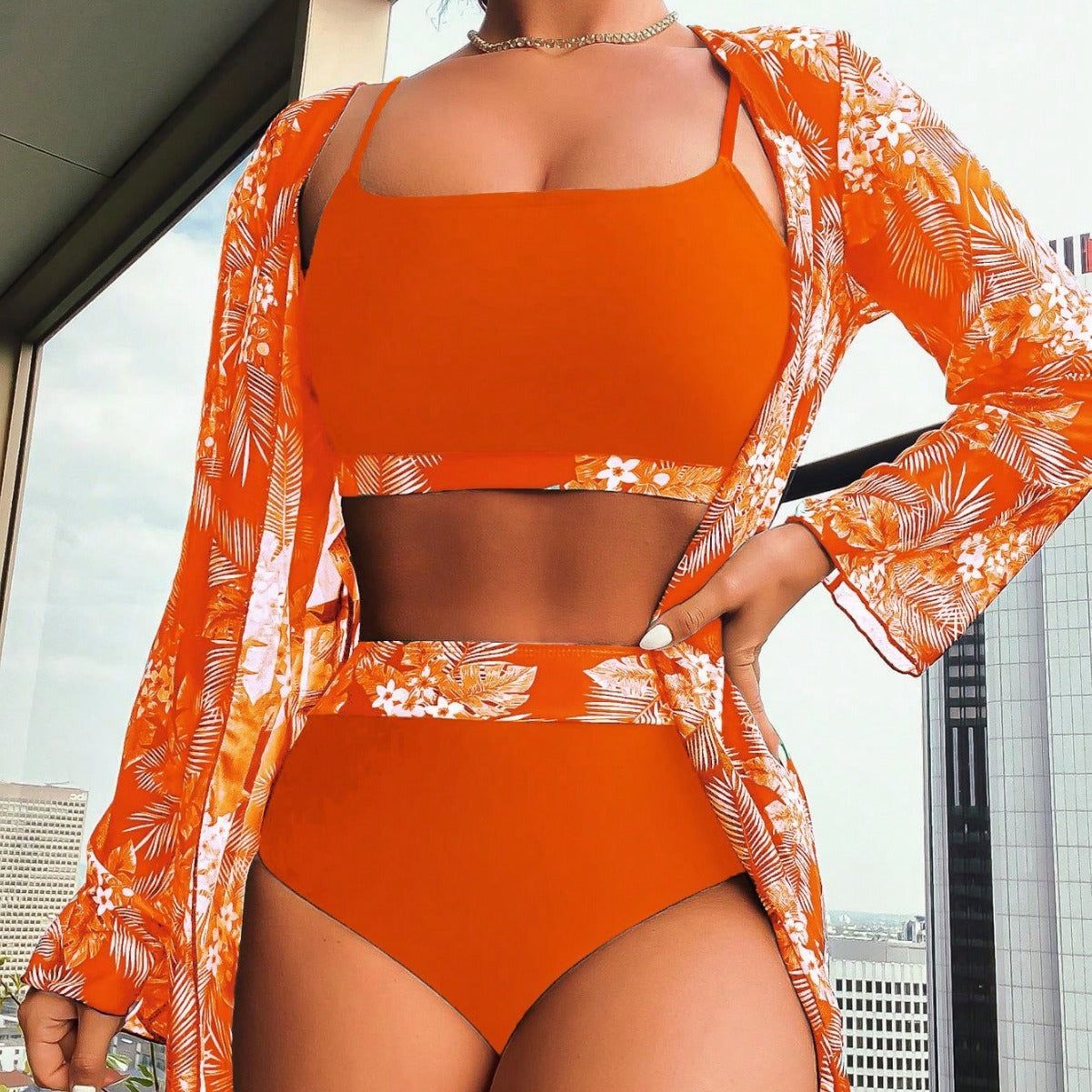 Maple Leaf Conservative Printed Long Sleeve Stitching Three-piece Split Swimsuit