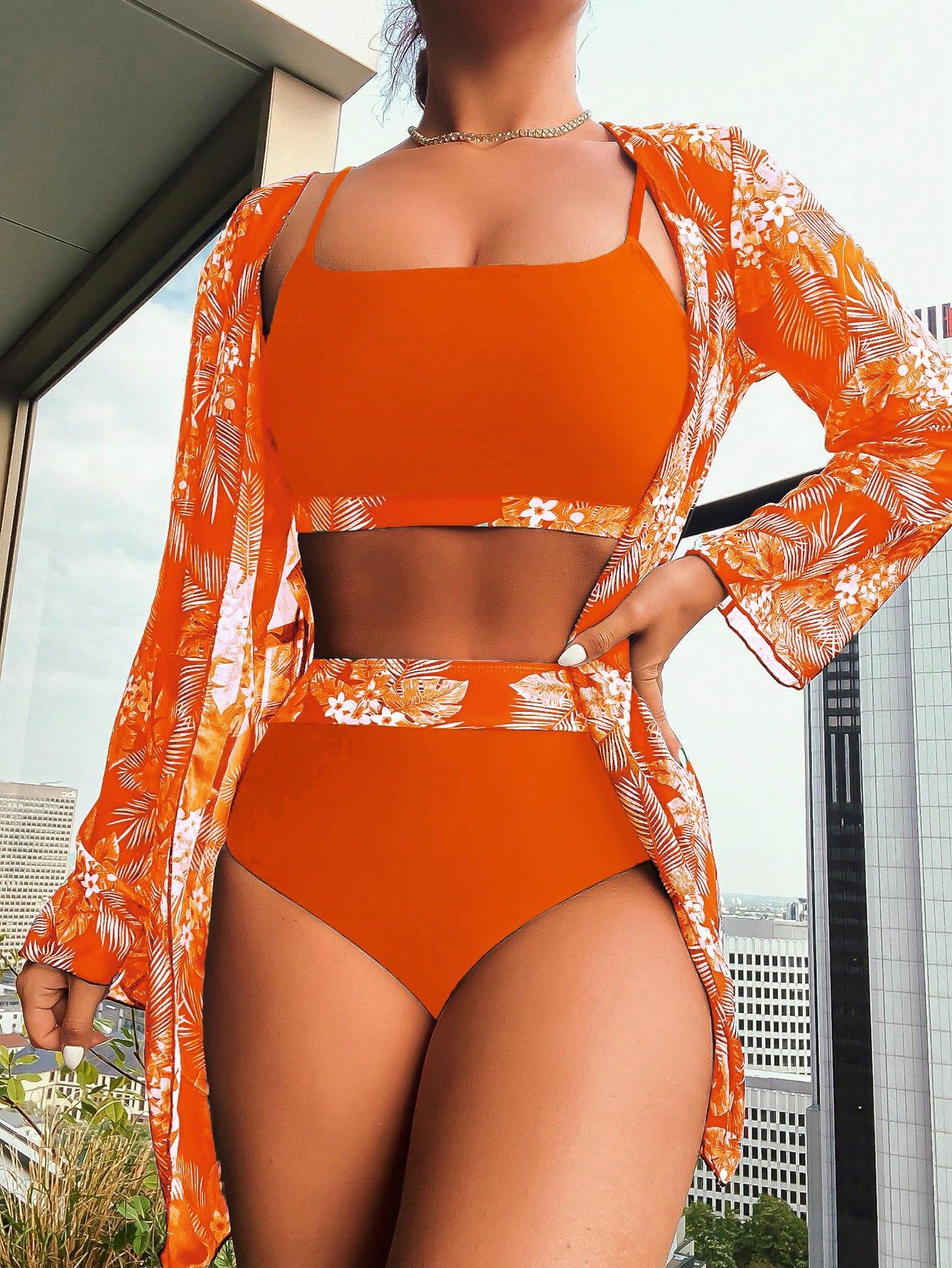 Maple Leaf Conservative Printed Long Sleeve Stitching Three-piece Split Swimsuit